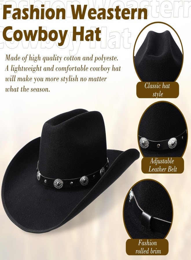 Cotwinter 2 Packs Cowboy Hat for Men Women with Shapeable Wide Brim Buckle Belt Western Felt Cowgirl Hat in Black White, M(Retro Style) - Image 3